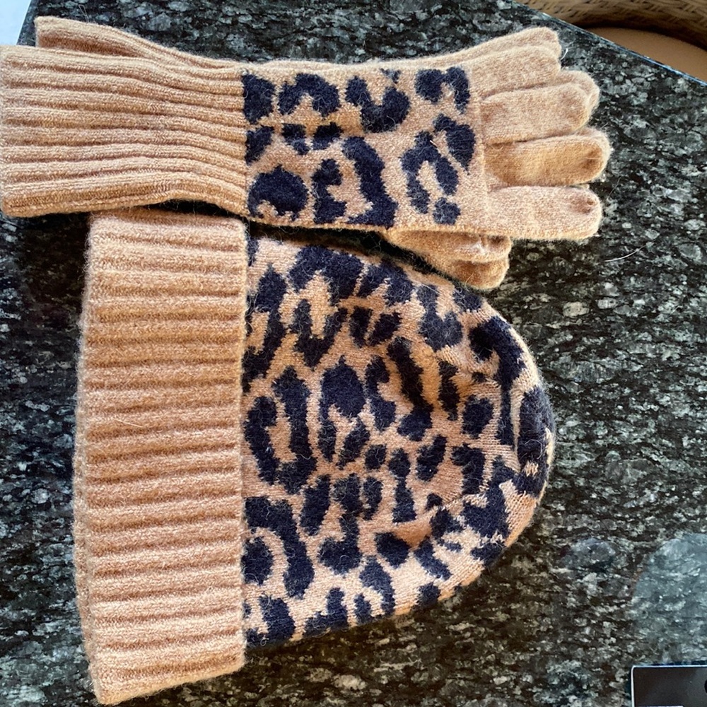 J crew leopard hat and glove set